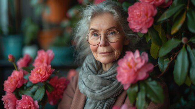  a woman wearing glasses and a scarf standing in front of a bush of flowers with pink peonies in the foreground and a green pot with pink flowers in the background.