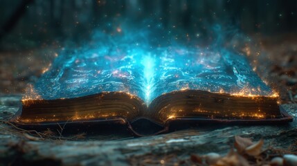  an open book in the middle of a forest with a blue light coming out of the book's pages and glowing lights coming out of the book's pages.