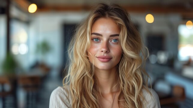  A Close Up Of A Woman With Blonde Hair And Blue Eyes Looking At The Camera With A Blurry Background Of A Restaurant With Tables And Chairs In The Background.