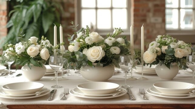  a table set for a formal dinner with white flowers in vases and place settings on a white table cloth with a brick wall in the background and a window.