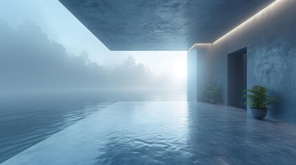  a room with a pool and a potted plant in the corner of the room on the right side of the room is a foggy body of water and trees on the other side of water.