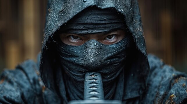  a close up of a person wearing a hood with a sword in front of his face and wearing a hood with a sword in front of his face and a wooden fence in the background.