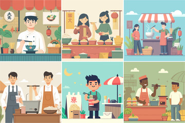Vector set of people selling noodles