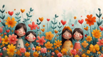  a painting of three girls standing in a field of flowers with a background of red, orange, yellow, and pink flowers in the shape of heart shaped flowers.