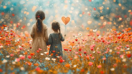  two little girls are standing in a field of flowers with a heart shaped balloon in the air in the middle of the picture is a boke of the picture. - obrazy, fototapety, plakaty