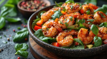  a close up of a bowl of food with shrimp and veggies on a table next to a bowl of seasoning and a pepper shaker on the side.