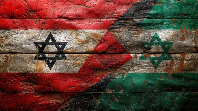  a picture of the flag of the country of jordan painted on a piece of wood with paint peeling off of it and a star of david star of david in the middle.