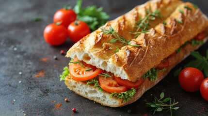  a sub sandwich with tomatoes, lettuce, and cheese on a black surface next to a bunch of cherry tomatoes and a sprig of parsley. - obrazy, fototapety, plakaty