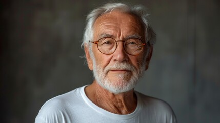  an older man with glasses and a white beard wearing a white t - shirt and standing in front of a dark background with a gray wall in the foreground. - obrazy, fototapety, plakaty
