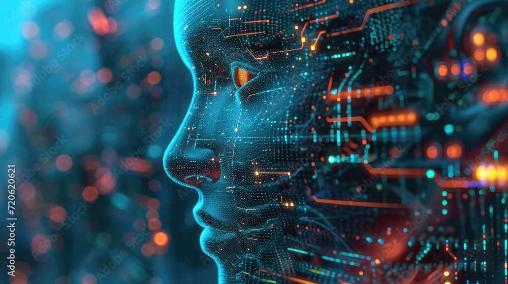 Poster artificial intelligence concept with human head and binary code