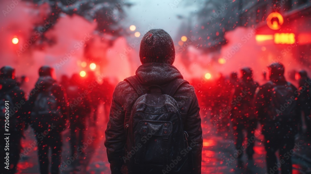 Canvas Prints  a person with a backpack standing in front of a group of people on a street with red smoke coming out of the back of the back of their backpacks.