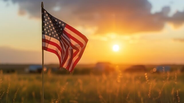  an american flag blowing in the wind in a field of tall grass with the sun setting in the background and clouds in the sky with a few clouds in the foreground.