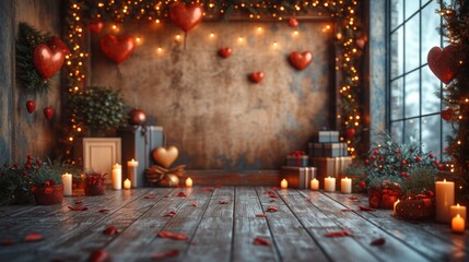  a room filled with lots of candles and a bunch of hearts hanging from the ceiling over the top of the room is a christmas tree and presents on the floor.
