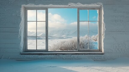  a snowy landscape seen through a window of a white brick building with a snowy landscape seen through a window of a white brick building with a blue sky and white.