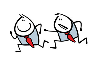 Vector illustration of concept of competition in business. Cartoon businessman runs to success, disgruntled work colleague catches up with him. Luck and failures. Isolated on white background.