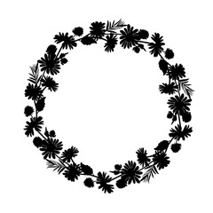 Wreath of wild flowers. Botanical round frame. Chamomiles, clover, leaves. Black isolated silhouette