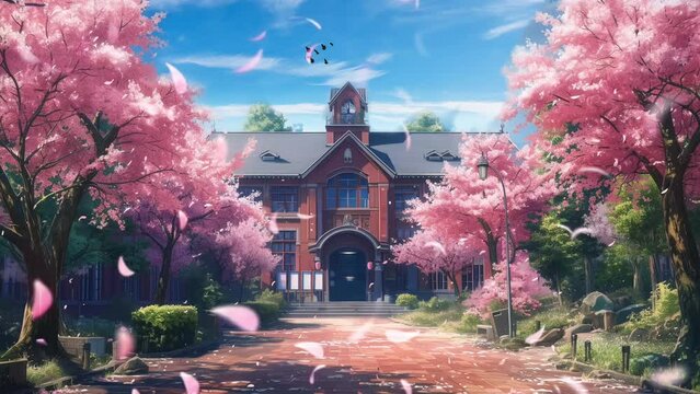 Spring scenery and cherry blossom trees with the school building in the background. Seamless looping time-lapse virtual video animation background