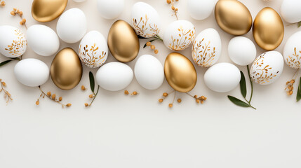 Naklejka na ściany i meble Elegant Easter Composition with Golden and White Eggs Amidst Spring Blossoms