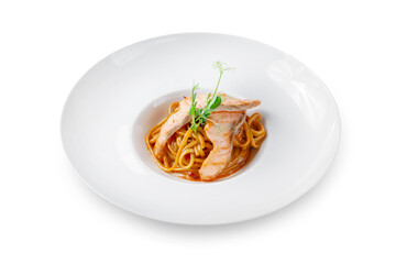 Italian pasta with salmon. Lunch. Isolated.