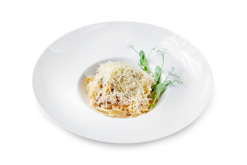 Traditional Italian fettuccine pasta with mushrooms. Isolated.