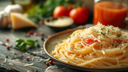 Pasta with cheese on a plate. Tomatoes and tomato juice next to each other on the table