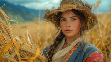 Chica joven  mediana edad campesina, con sombrero, vestido rojo tradicional , trenza, en el exterior, prado sembrado, dorado, agricultura, recogiendo siembra, vida rural, cereales vida sana - obrazy, fototapety, plakaty