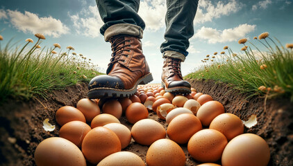 Walking on eggshells. Person carefully treading on path lined with fragile eggs, symbolizing the idiom "walking on eggshells," under a clear blue sky.