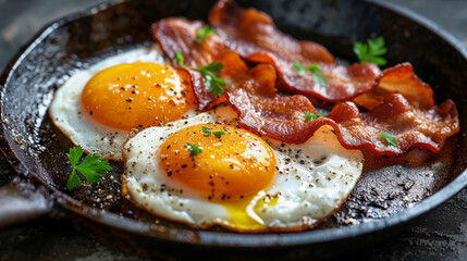 Scrambled eggs with bacon and spices in a pan 