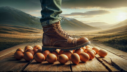 Walking on eggshells. Leather boot navigating wooden path strewn with unbroken eggs. - obrazy, fototapety, plakaty