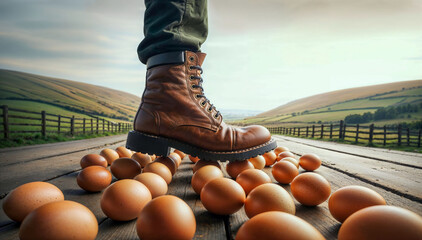 Walking on eggshells. Leather boot navigating wooden path strewn with unbroken eggs.