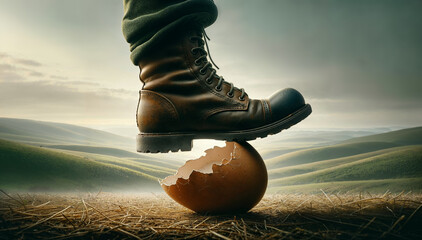 Walking on eggshells. Close-up of boot stepping on eggshell. - obrazy, fototapety, plakaty