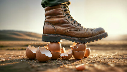 Walking on eggshells. Close-up of boot stepping on eggs, with broken shells scattered around, depicting the concept of 