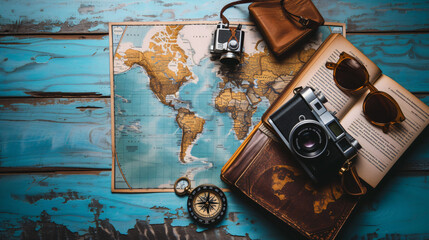 A travelers flat lay with a world map vintage compass sunglasses a camera and travel journals evoking a sense of adventure and exploration.