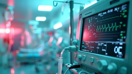 Highlight the dynamic nature of emergency equipment, such as defibrillators and monitors, in a state of constant readiness for immediate use. "[hospital emergency department in dyn