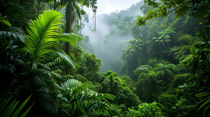 A tropical rainforest with vibrant flora and a rich canopy overhead. - obrazy, fototapety, plakaty