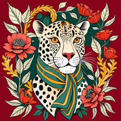 Artistic Reflection of the Wild Spirit: Leopard Print Scarf Adorned with Baroque Florals
