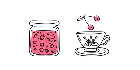 Cup of tea and jam in jar. Berry jam. Cherry berry. Sweet food, dessert. Tea party. Set of icons in doodle style. Vector illustration. Background isolated.