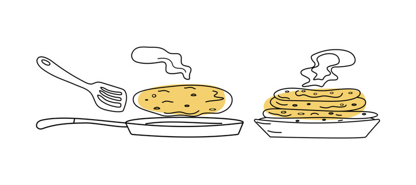 Pancakes Day. Baking pancakes in a frying pan. Food. Celebration of Maslenitsa. Tradition of Farewell to Russian Winter. Set of icons in doodle style. Symbols of the Spring Festival.