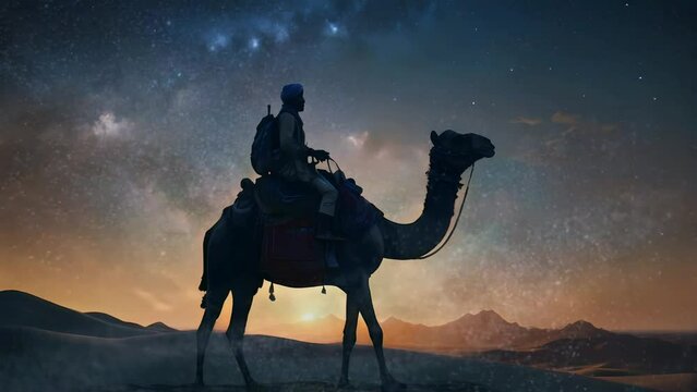 Silhouette man with camel in the dessert at night, Seamless Animation Video Background in 4K Resolution	