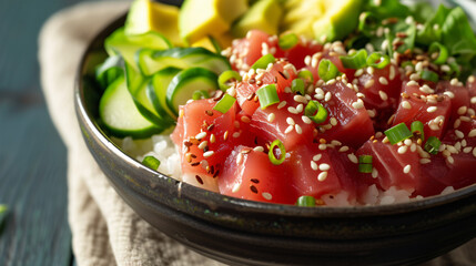 A vibrant bowl of poke featuring diced tuna avocado cucumber and sesame seeds over steamed rice drizzled with soy sauce. - obrazy, fototapety, plakaty