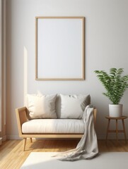 Mock up frame in cozy home interior background, coastal style bedroom, A close-up view of a white canvas encased, interiors