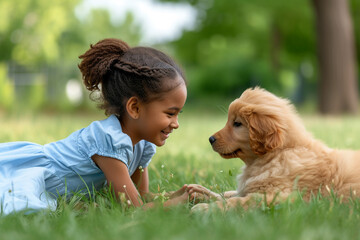 Little afro american girl in a blue dress plays in the park with a golden retriever in the park.