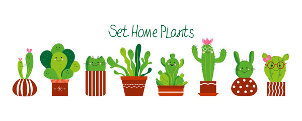 Cartoon cactus and succulent.  Flowers in pots. Set of houseplants. House plant, potted plant. Ceramic pot. Vector illustration on isolated background.