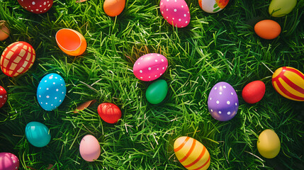 Fototapeta na wymiar A vibrant Easter egg hunt flat lay with colorful plastic eggs green grass and small toys scattered on a bright outdoor background.