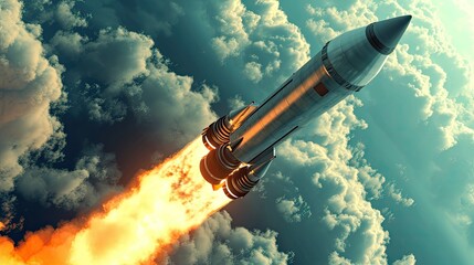 Closeup rocket launching into the space with clouds and smoke with space for copy