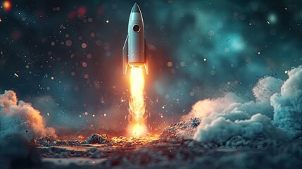 Rocket launching in an abstract environment with clouds and smoke with space for copy