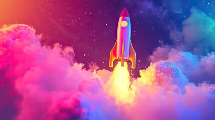 Rocket launching in an abstract pink environment with clouds and smoke with space for copy
