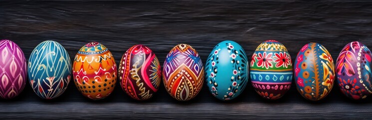 collection of brightly colored and intricately patterned Easter eggs. They are arranged in a row and have a black background. The eggs vary in size and are of different shapes. - obrazy, fototapety, plakaty
