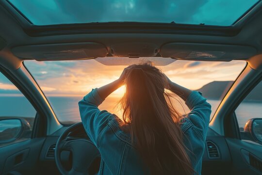 A photo of an unrecognizable woman looking at the sea and mountains from the opened roof of her car. She is taking photos of a beautiful sunset. 