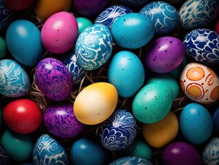 Fototapeta na wymiar collection of brightly colored and intricately patterned Easter eggs. They are arranged in a row and have a black background. The eggs vary in size and are of different shapes.